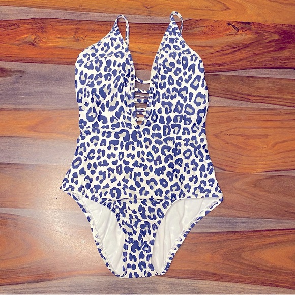 NEW Athena One Piece Swimsuit Blue Leopard Plunge Strappy Corset Back Leopard 8 - Picture 1 of 11